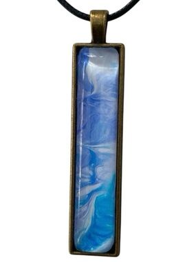 Hand Crafted Fluid Art Necklace Rectangular Pendant Blue Purple